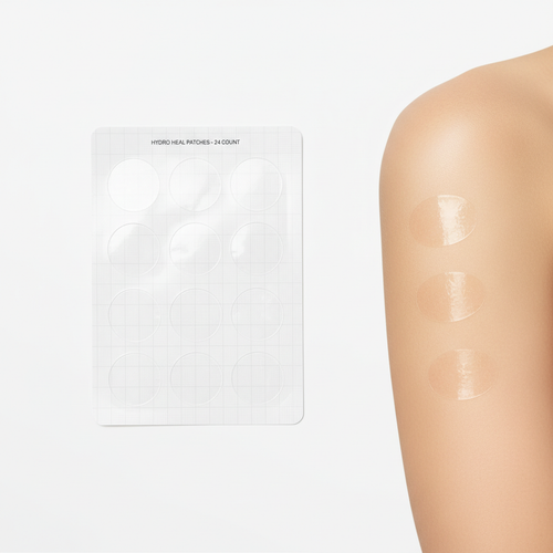 Clear hydrocolloid acne pimple patches on white background with patches applied to skin