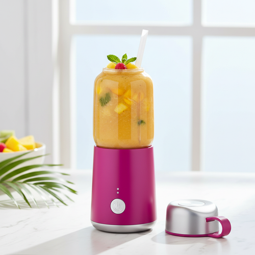 Pink portable blender with tropical smoothie on marble countertop