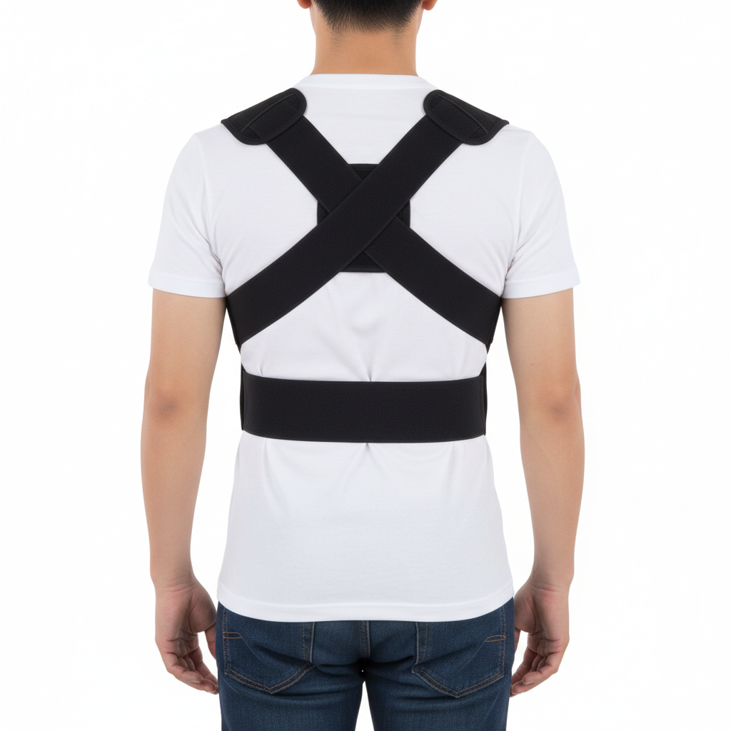 Black posture corrector worn over white t-shirt, person standing tall with good posture