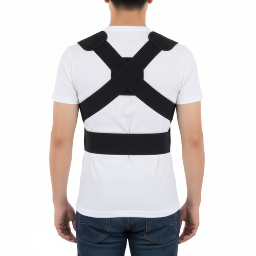 Black posture corrector worn over white t-shirt, person standing tall with good posture