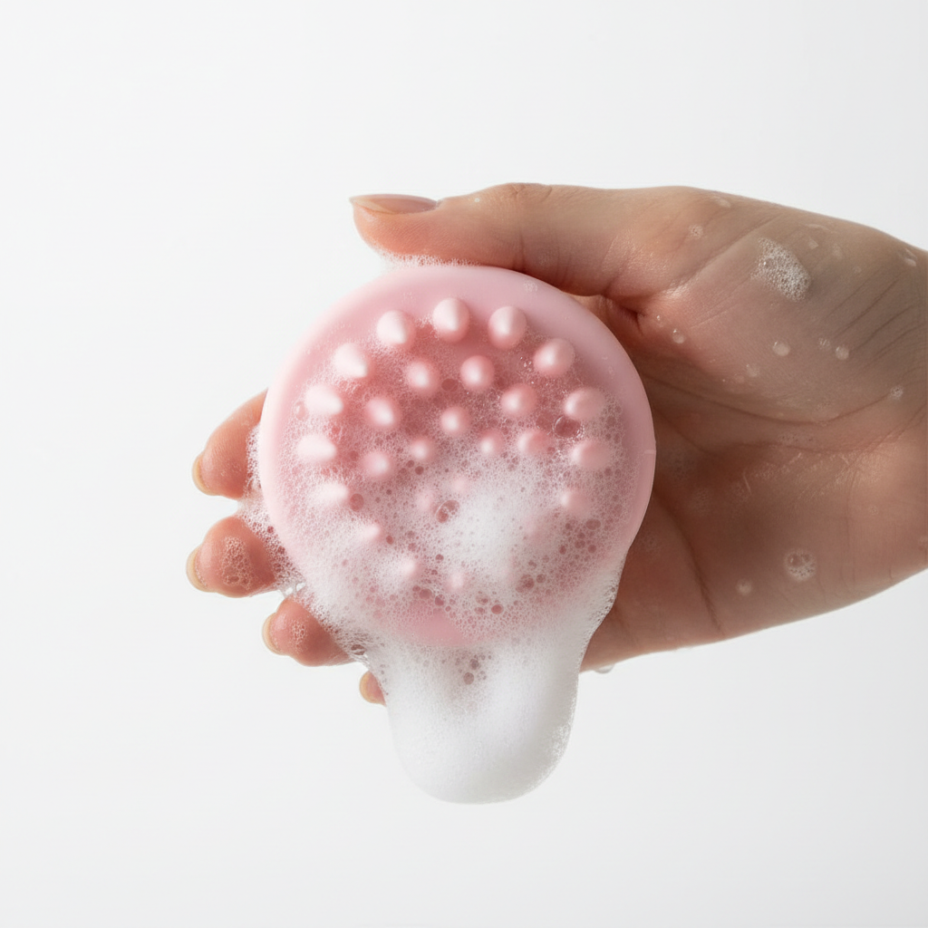 Pink silicone scalp massager shampoo brush with lather